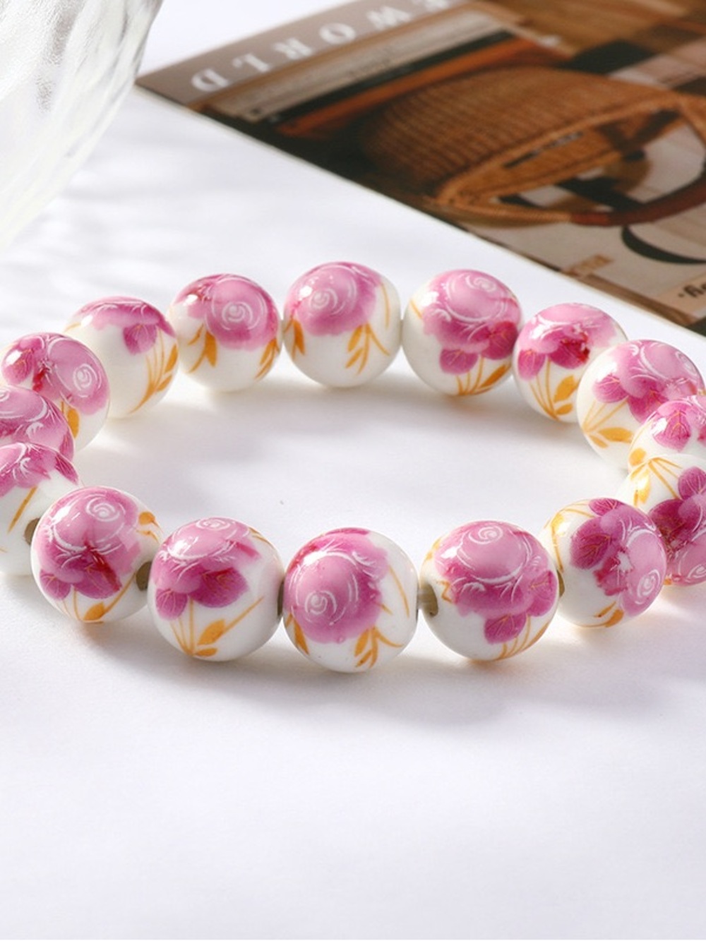 Pink Floral Porcelain Bead Bracelet - Women Jewelry